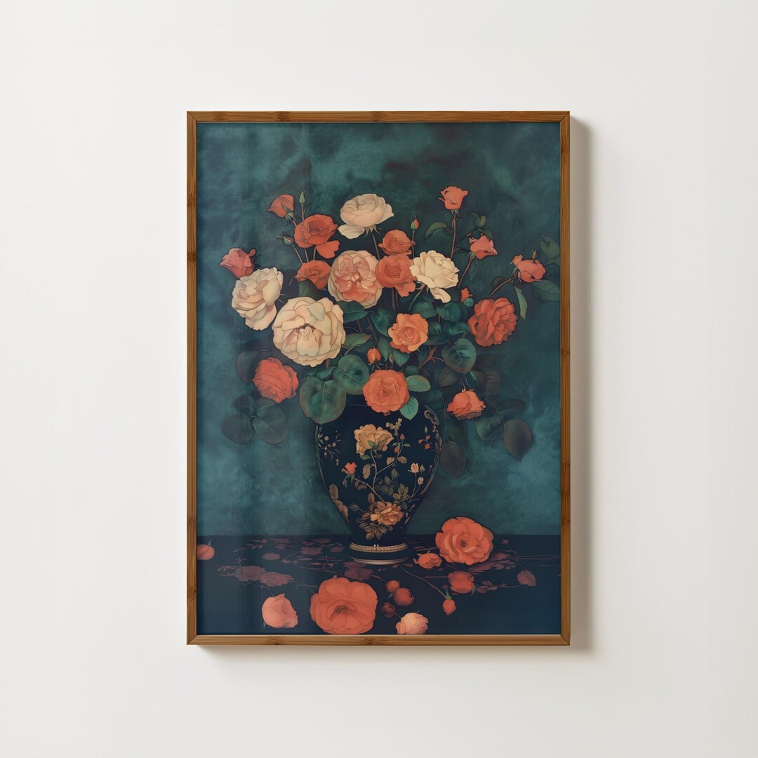 Moody Rose Print Vase of Roses Painting Vintage Floral Decor Moody Oil ...