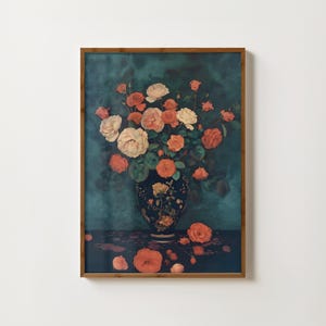 Impresión de rosas de Moody, jarrón de rosas, pintura, decoración floral vintage, pintura al óleo de Moody, impresiones de flores góticas, arte de pared de Moody, póster de flores antiguas