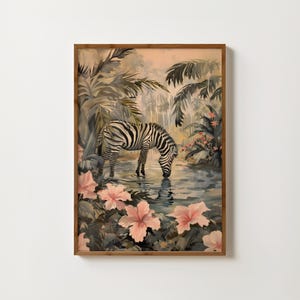 Zebra Jungle Print Zebra Wall Art Tropical Zebra Print Vintage Zebra Painting Botanical Zebra Poster Safari Animal Print Jungle Illustration