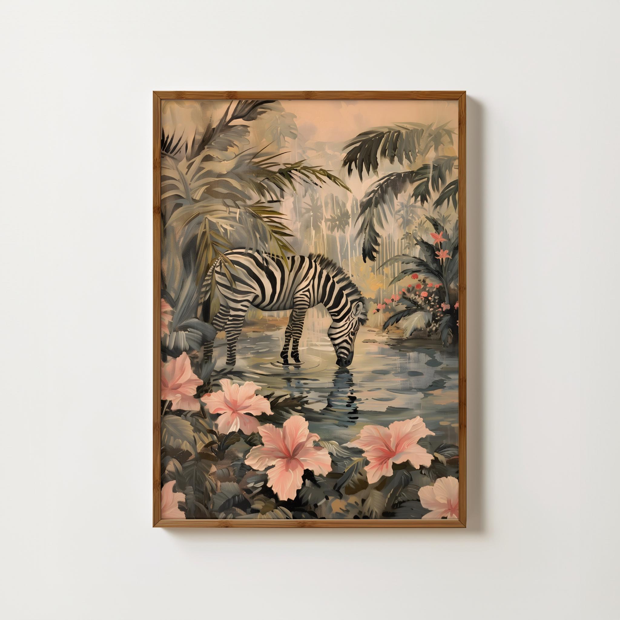 Zebra Jungle Print Zebra Wall Art Tropical Zebra Print Vintage Zebra Painting Botanical Zebra Poster Safari Animal Print Jungle Illustration