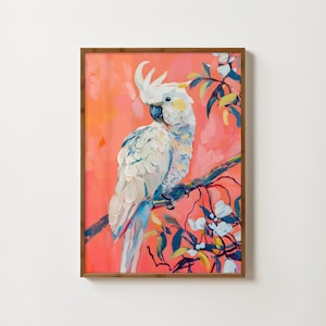 Pink Cockatoo Print Cockatoo Wall Art Tropical Bird Print Exotic Bird Poster Tropical Decor Vintage White Bird Painting Pink Animal Prints