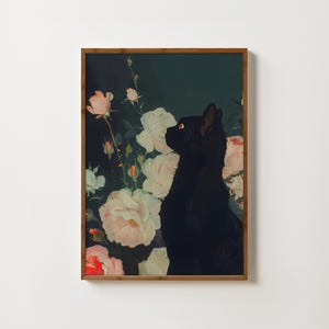 Peinture de chat noir, impression de roses de mauvaise humeur, impression d'art mural de sorcière, impression de chat noir, peinture à l'huile de mauvaise humeur, décoration gothique, fleurs anciennes, impressions d'animaux vintage