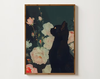 Black Cat Painting Moody Roses Print Witchy Wall Art Black Cat Print Moody Oil Painting Gothic Decor Antique Florals Vintage Animal Prints