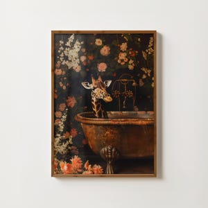 Giraffe In Bath Print Giraffe In Tub Print Floral Bathroom Art Jungle Safari Print Vintage Bathroom Decor Eclectic Wall Art Giraffe Print
