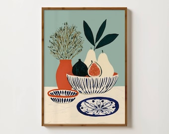 Modern Fruit Print, Fig Print, Mediterranean Kitchen Art, Still Life Print, Fruit Painting, Pear Print, Cafe Wall Decor, Light Blue Wall Art