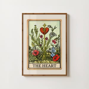 Impresión de la carta del tarot del corazón, póster vintage con corazón, arte espiritual, impresión de flores silvestres, póster de meditación, impresión de brujería, ilustración popular, impresión de tatuaje