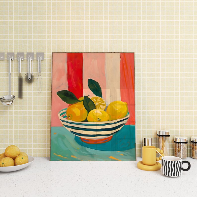 May include: A painting of a bowl of lemons on a table with a striped background. The bowl is white with blue stripes and the lemons are yellow with green leaves.