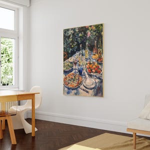 May include: A painting of a table setting with a blue tablecloth, plates of food, wine bottles, and glasses. The table is set in a garden with green foliage and flowers in the background.