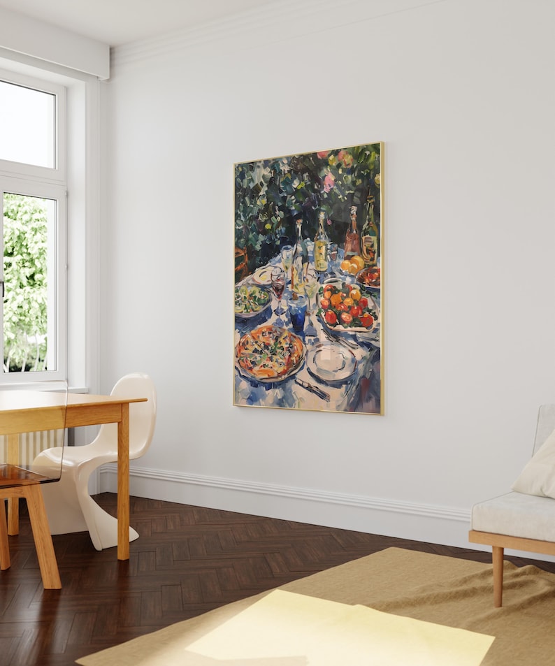 May include: A painting of a table setting with a blue tablecloth, plates of food, wine bottles, and glasses. The table is set in a garden with green foliage and flowers in the background.