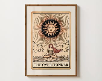 Overthinker Tarot Card Print Funny Tarot Card Poster Boho Bedroom Prints Witchy Painting Preppy Wall Art Dorm Decor Mental Health Awareness