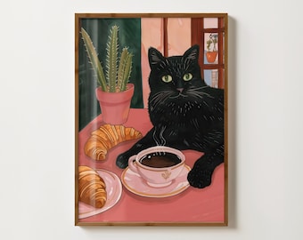 Black Cat With Coffee Print Croissant Print Kitchen Prints Black Cat Prints Coffee Poster Kitchen Wall Art Cafe Decor Quirky Coffee Painting