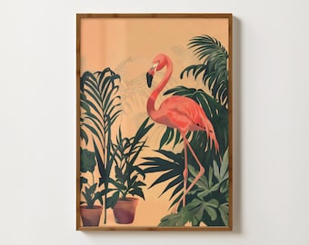 Pink Flamingo Print Vintage Flamingo Wall Art Botanical Flamingo Poster Exotic Bird Painting Pink Tropical Home Decor Flamingo Illustration