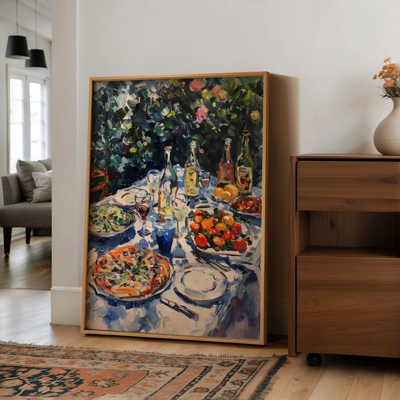 May include: A painting of a table setting with a pizza, salad, fruit, wine bottles, and glasses. The table is set with a white tablecloth and blue and white patterned napkins. The background is a lush green garden.