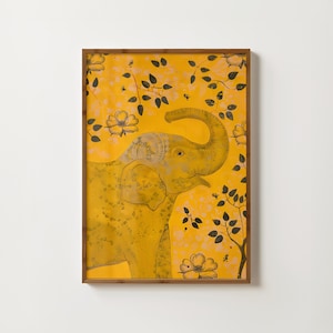 Floral Indian Elephant Print Yellow Elephant Painting Elephant Wall Art Folk Art Elephant Poster Happy Elephant Picture Unique Elephant Gift