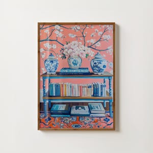 Kirschblüte Buchdruck Chinoiserie Wand Kunst Ingwer Glas Bücher Malerei Lese Kunstdruck Bücherwurm Blaue und weiße Drucke Lesedekor