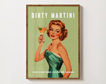 Dirty Martini Retro Cocktail Print Dirty Martini Poster Bar Cart Decor Retro Kitchen Wall Art Cocktail Recipe Print Vintage Alcohol Poster