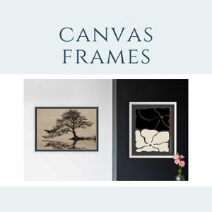 May include: Two framed canvas art prints. One features a tree reflected in water, the other a black and cream abstract design. The text "CANVAS FRAMES" is displayed above the art.