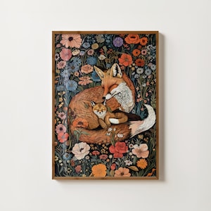 Fuchs und Junges Druck Vintage Blumen Fuchs Druck Cottagecore Fuchs Kunst Wald Fuchs Malerei Botanische Fuchs Poster Wildblumen Drucke Waldtier