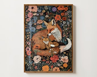 Fox and Cub Print Vintage Floral Fox Print Cottagecore Fox Art Woodland Fox Painting Botanical Fox Poster Wildflower Prints Forest Animal