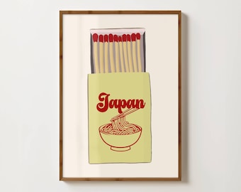 Affiche imprimée de boîtes d'allumettes du Japon, art mural de Tokyo, affiche de ramen, affiche de cuisine japonaise, affiche de voyage au Japon, affiche rétro pour la cuisine, affiche d'allumettes de voyage, art du Japon