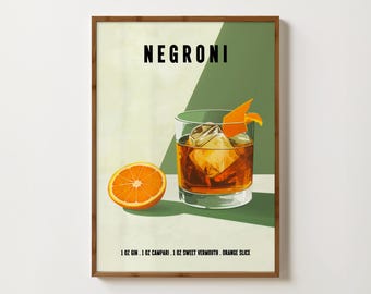 Negroni Cocktail Print Retro Cocktail Posters Bar Cart Decor Negroni Drinks Print Kitchen Wall Art Cocktail Alcohol Print Dining Room Decor