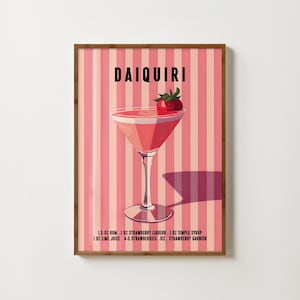 Impresión de cóctel Daiquiri de fresa Póster de cóctel Daiquiri Impresión de carrito de bar Decoración de cocina Arte mural de Daiquiri Receta de alcohol Impresión artística de Daiquiri