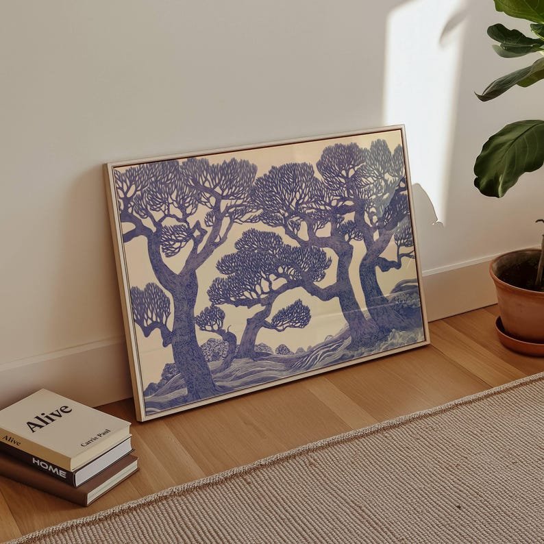 Vintage Oak Tree Print Linocut Forest Wall Art Blue Woodland Landscape Painting Botanical Decor Moody Tree Poster Large Nature Art Prints image 5
