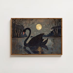 May include: A black swan swims in a moonlit lake, surrounded by trees. The swan's reflection is visible in the water, and the moon is full and bright in the sky.