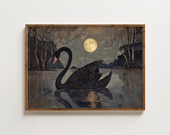 Moonlight Swan Print Black Swan Painting Balletcore Decor Vintage Swan Wall Art Antique Swan Drawing Vintage Animal Art Moody Wall Art