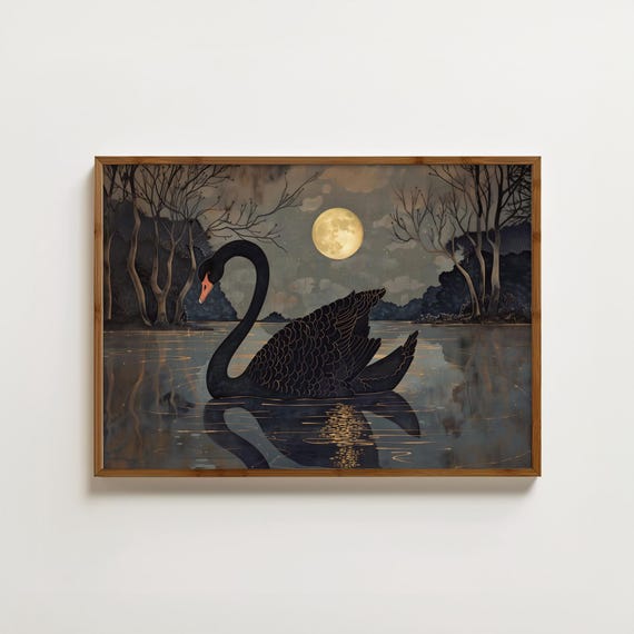 Moonlight Swan Print Black Swan Painting Balletcore Decor Vintage Swan Wall Art Antique Swan Drawing Vintage Animal Art Moody Wall Art