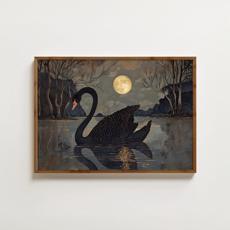 May include: A black swan swims in a moonlit lake, surrounded by trees. The swan's reflection is visible in the water, and the moon is full and bright in the sky.