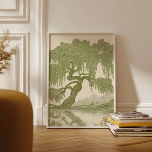 Stampa di salice piangente, decorazione murale verde oliva, stampa linoleografica, dipinto di salice, illustrazione di salice, decorazione verde oliva immagine 1