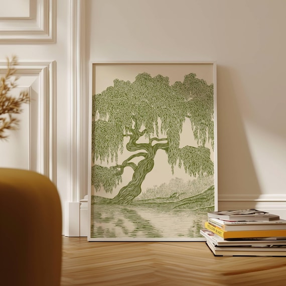 Weeping Willow Tree Print, Olive Green Wall Art, Linocut Print, Willow Tree Painting, Willow Tree Illustration, Olive Green Decor