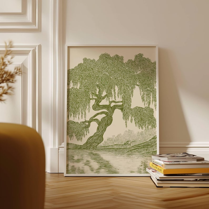 Stampa di salice piangente, decorazione murale verde oliva, stampa linoleografica, dipinto di salice, illustrazione di salice, decorazione verde oliva immagine 1