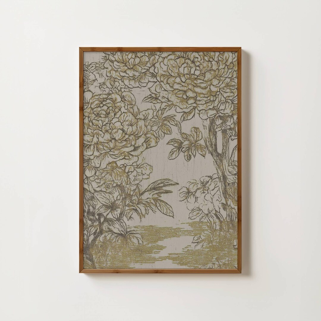 Neutral Textile Print Antique Gold Flower Sketch Moody Floral Wall Art ...