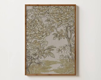 Neutral Textile Print Antique Gold Flower Sketch Moody Floral Wall Art Rustic Botanical Art Neutral Nature Prints Vintage Flower Drawing