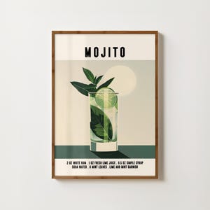 Impresión de mojito para decoración de carritos de bar Póster de mojito Arte mural de cocina Receta de cóctel de mojito Impresiones de alcohol Impresión artística de mojito Impresiones retro para carritos de bar