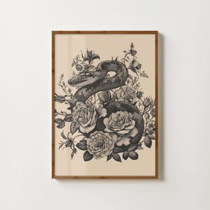 Vintage Schlangen-Druck Reptil Poster Python Illustration Dark Academia Druck Blumenbild Schlange Malerei Gothic Home Decor Dark Arts Print Goth Kunst