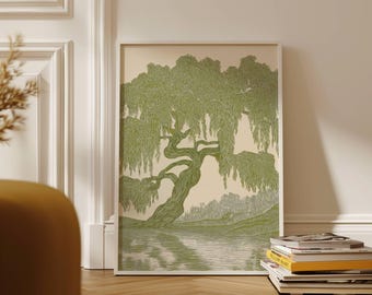 Weeping Willow Tree Print, Olive Green Wall Art, Linocut Print, Willow Tree Painting, Willow Tree Illustration, Olive Green Decor
