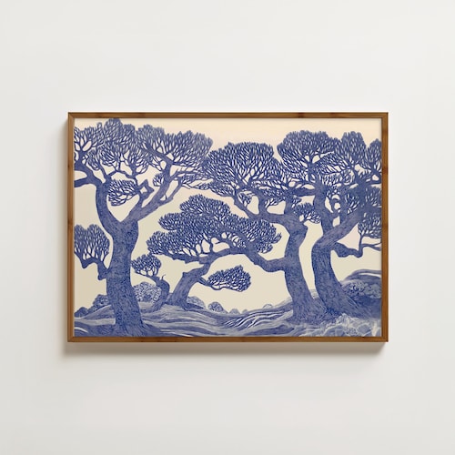 Vintage Oak Tree Print Linocut Forest Wall Art Blue Woodland Landscape Painting Botanical Decor Moody Tree Poster Large Nature Art Prints