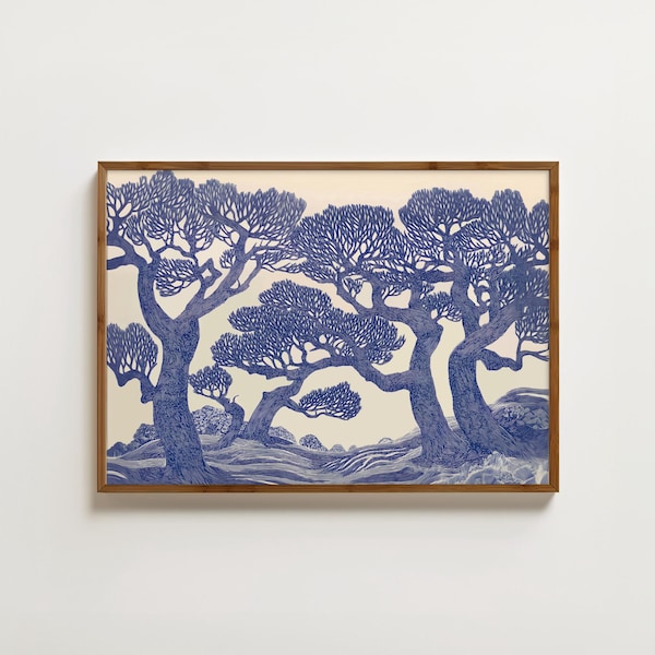 Vintage Oak Tree Print Linocut Forest Wall Art Blue Woodland Landscape Painting Botanical Decor Moody Tree Poster Large Nature Art Prints