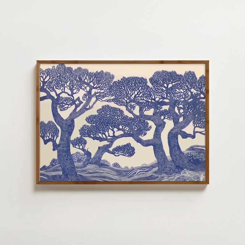 Vintage Oak Tree Print Linocut Forest Wall Art Blue Woodland Landscape Painting Botanical Decor Moody Tree Poster Large Nature Art Prints image 1