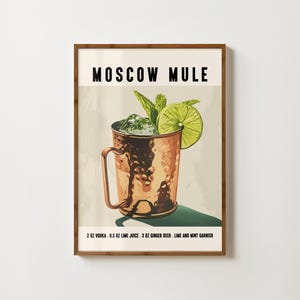 Impresión de Moscow Mule, decoración de carrito de bar, póster de Moscow Mule, arte de pared de cocina retro, receta de cóctel Moscow Mule, impresiones de alcohol, impresión artística de Moscow Mule