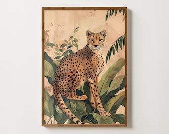 Cheetah Jungle Print Leopard Wall Art Tropical Decor Cheetah Print Vintage Leopard Painting Botanical Cheetah Poster Safari Animal Art Print