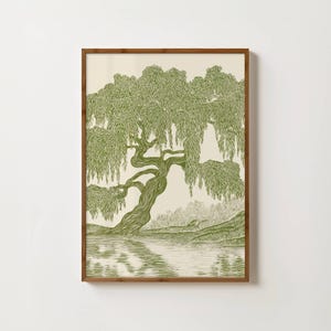Stampa di salice piangente, decorazione murale verde oliva, stampa linoleografica, dipinto di salice, illustrazione di salice, decorazione verde oliva immagine 5