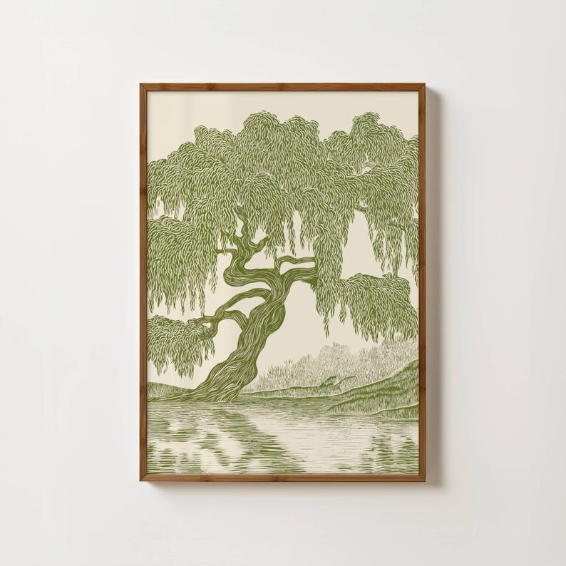 Stampa di salice piangente, decorazione murale verde oliva, stampa linoleografica, dipinto di salice, illustrazione di salice, decorazione verde oliva immagine 5
