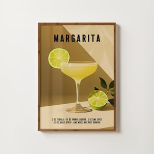 Póster retro de cóctel con estampado de margaritas, arte de pared con cócteles de margaritas, decoración para carrito de bar, impresiones de cocina, póster de alcohol, impresión de receta de cóctel de moda