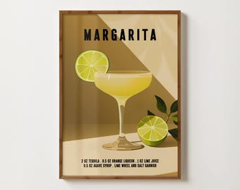 Margarita Print Retro Cocktail Poster Margarita Cocktail Wall Art Bar Cart Decor Kitchen Prints Alcohol Poster Trendy Cocktail Recipe Print