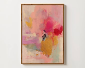 May include: Abstract art print in a wooden frame. The artwork features a vibrant mix of colors, including pink, yellow, and red, with brushstrokes and layered textures. The overall composition is a blend of soft and bold hues.