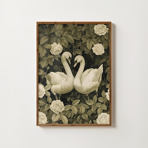 Floral Swan Print Vintage Swan Painting Antique Bird Print Farmhouse Decor Swan Wall Art Swan Drawing Nursery Wall Print Antique Bird Art